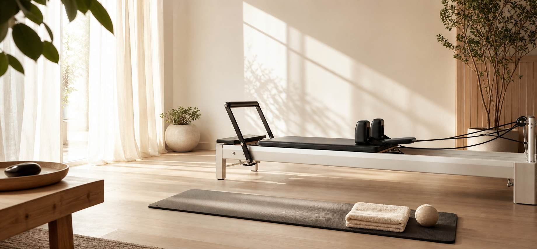 A bright Pilates studio with a reformer machine and soft natural light